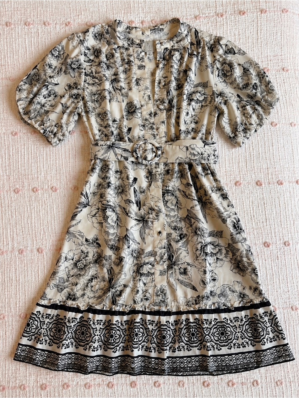 Joie Black White Floral Mini Dress Puff Sleeve Belted Size 6